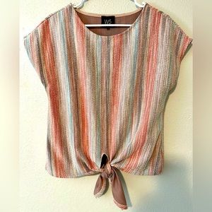 W5 Anthropologie Vertical Striped Short Sleeve Tie Front Women’s Blouse Top Boho